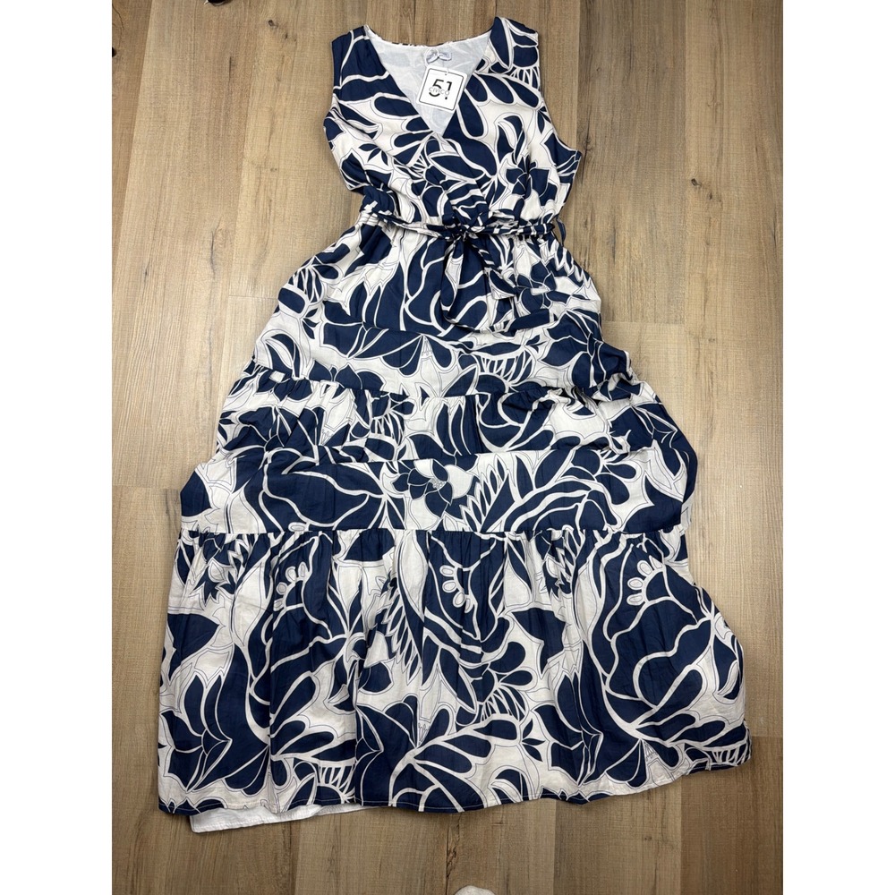 Civico 51 Italy Womens L Blue White Floral Tiered Maxi Dress NWT 100% Cotton